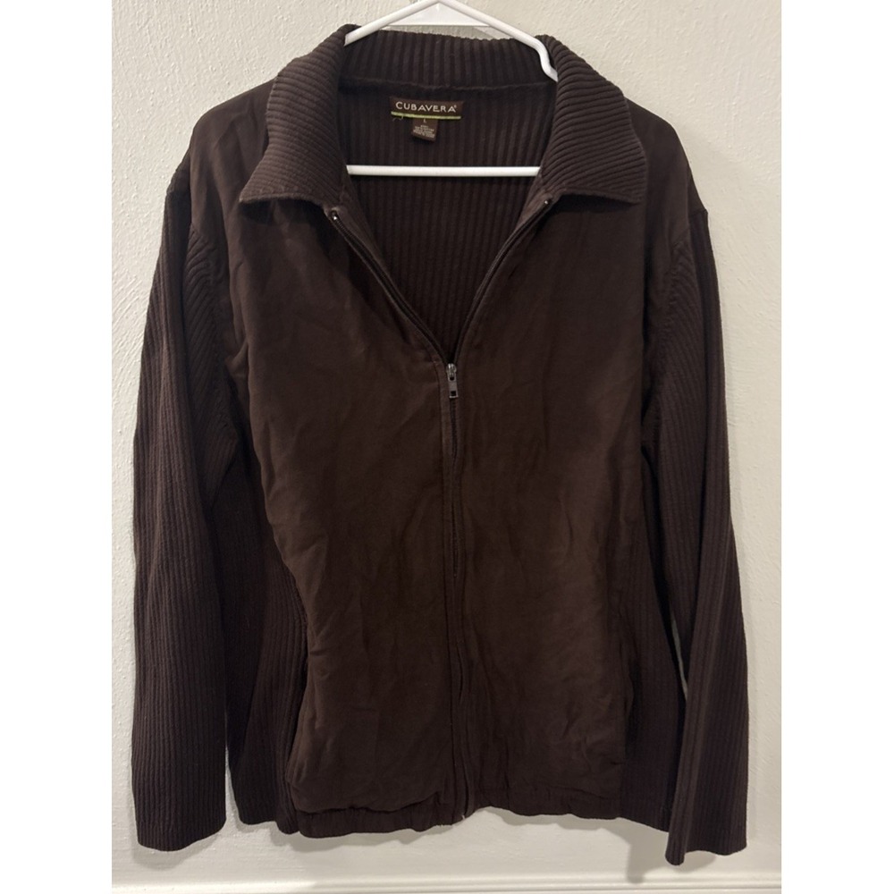 Cubavera Mens Large Brown Full Zip Sweater Jacket Faux Suede Cotton